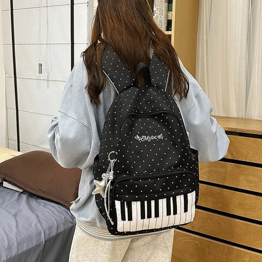 New Large Capacity Polka Dot Backpack Lightweight Multifunctional Piano Key Backpack Black Piano Mochilas for Women