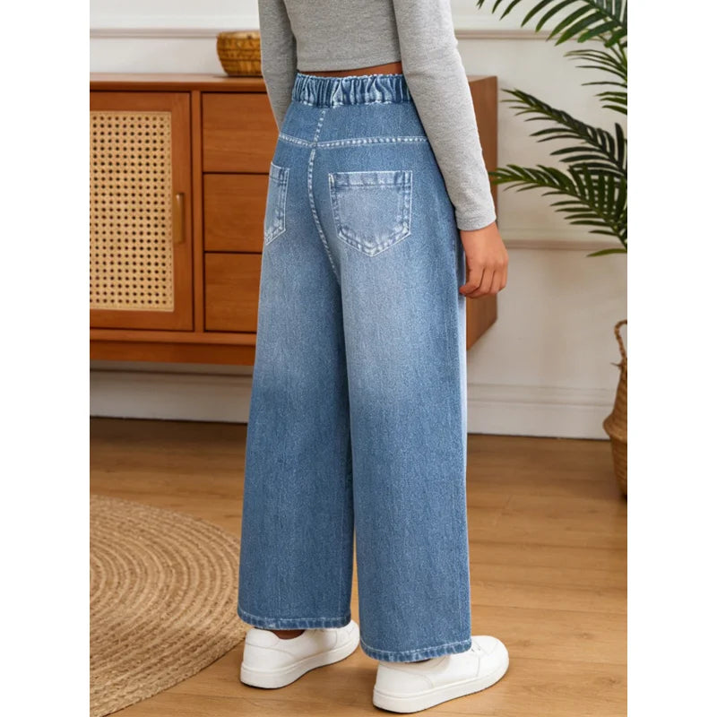 2026 Children's Cute Shy Bear Light Blue Imitation Jeans Children's Soft and Playful Funny Girls' Casual Style Long Pants