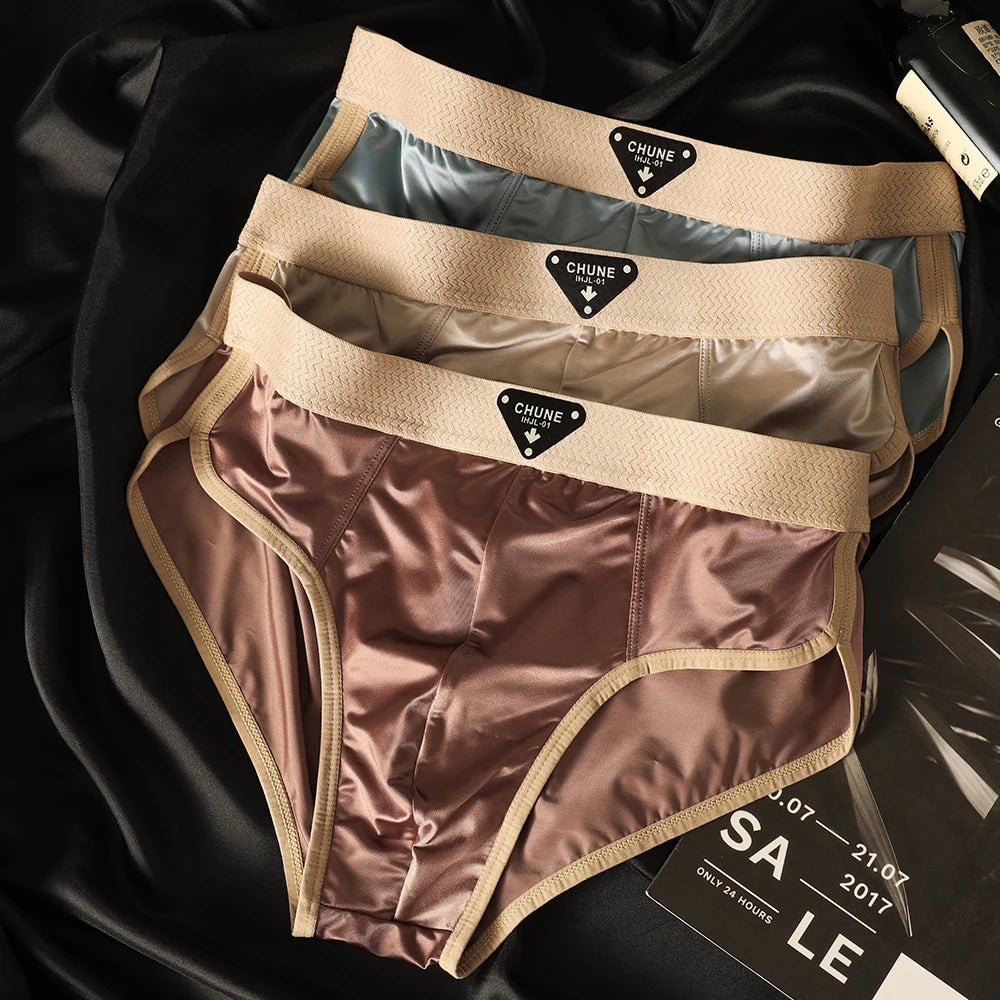 3PCS/Pack Luxury Satin-like Men's Briefs Ice Silk Hygroscopic Breathable Mesh Crotch Panties Soft High Elastic Man Underwear