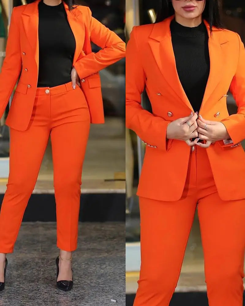 2Pcs Women's Solid Color Suit + Trousers Two-Piece Set Slim Fit Business Fashion Double Breasted Formal Female Clothes Outfit