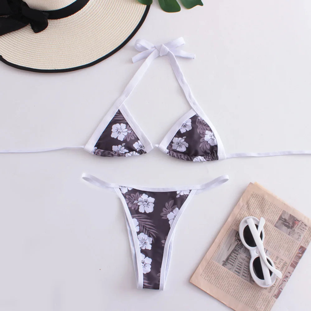 Sexy Bikini Swimsuit Digital Print Two-Piece Women's Triangle Soft Pack Swimwear Trendy Floral Pattern without Shoulder Straps
