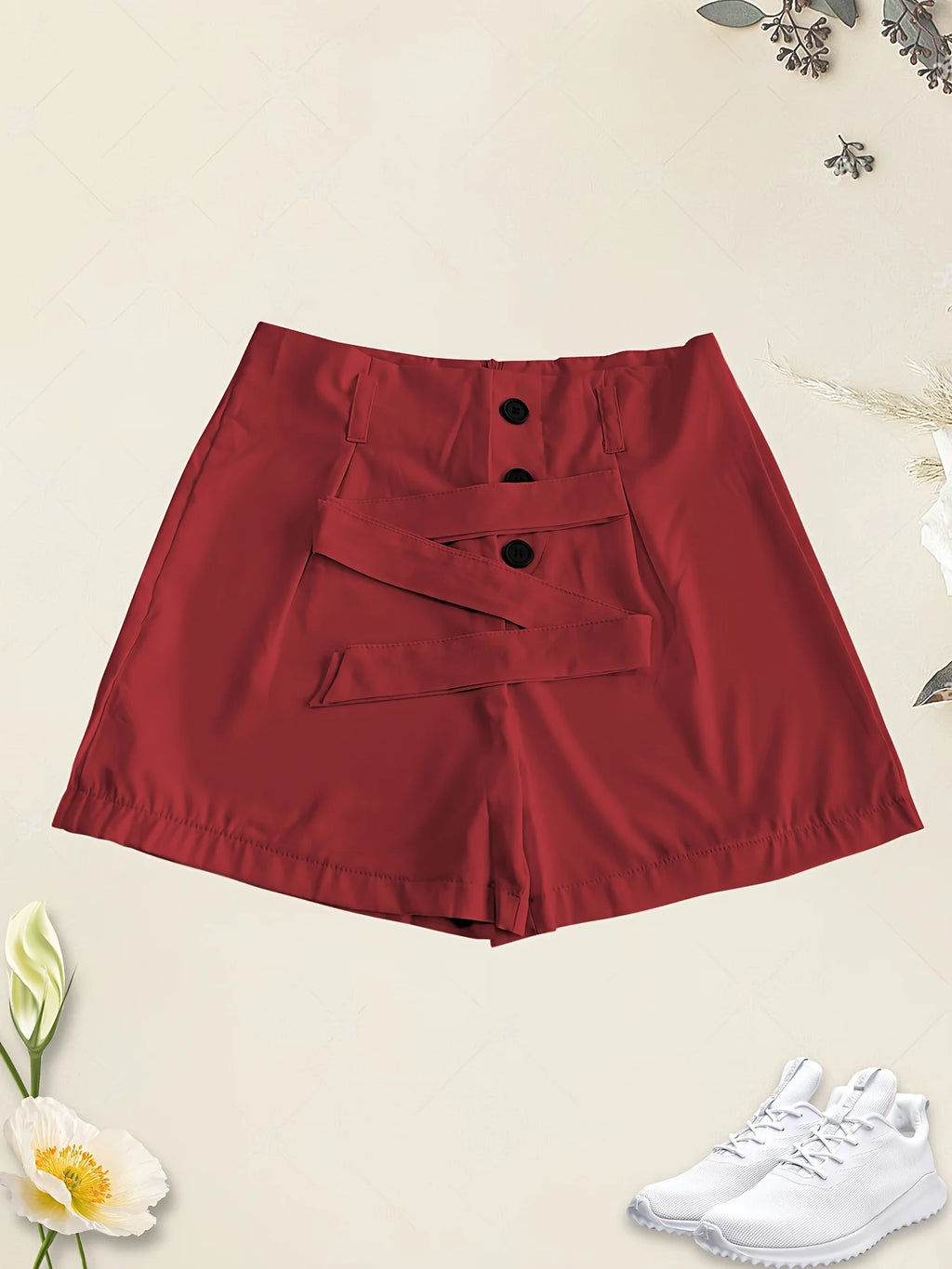 Summer High Waist Casual Solid  Shorts for Women Summer Wide Leg Work with Belt
