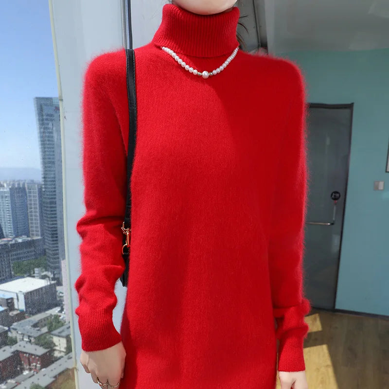 New Hot Selling 100% Mink Cashmere Knitted Women's High Neck Pullover Dress Sweater Slim Fit Solid Color Long Women's Dress