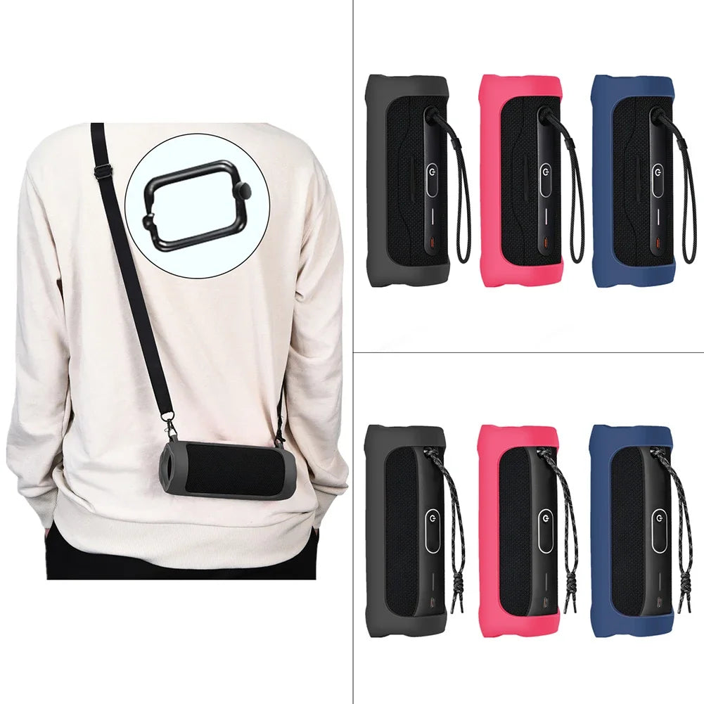 For JBL Flip 6/Flip 5 Silicone Travel Carrying Pouch with Carabiner Waterproof Portable Speaker Protective Case Adjustable Strap