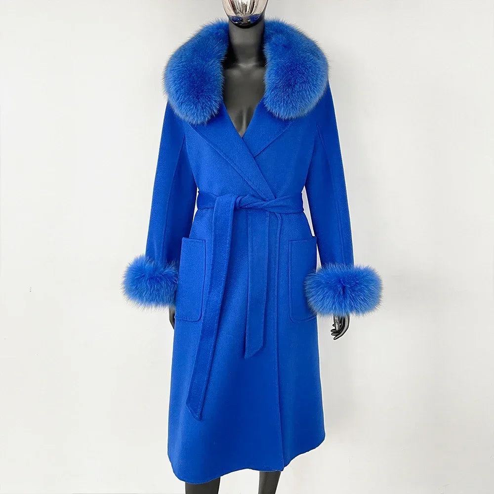 Real Fox Fur Collar Woolen Coat Women's Autumn Winter Warm Natural Fur Coat Casual Wool Fur Jacket Fashion Long Fur Coat Women's