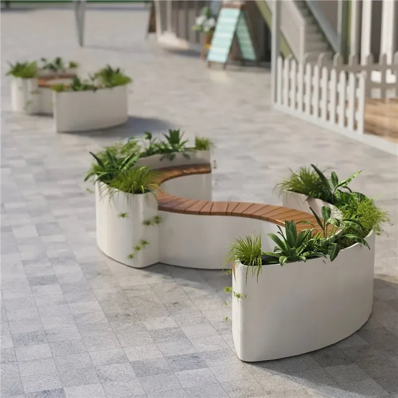For Outdoor Curved Wood Flower Box Seat Square Park Mall Public Area Anti-corrosion Moisture-proof Leisure Bench