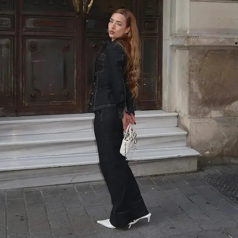 MUJER 2025 Denim Women's Pants Sets Button up Shirt Two Piece Outfits Woman High Waist Women's Trousers Suits Spring Lady Sets