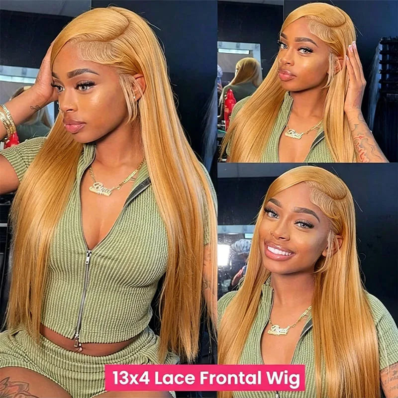 200 Density 27 Honey Blonde HD Lace Frontal Human Hair Wig 13x4 HD Transparent 30 Inch Straight Hair Lace Front Wig Pre-Plucked Pre-Trimmed Lace Frontal Wig