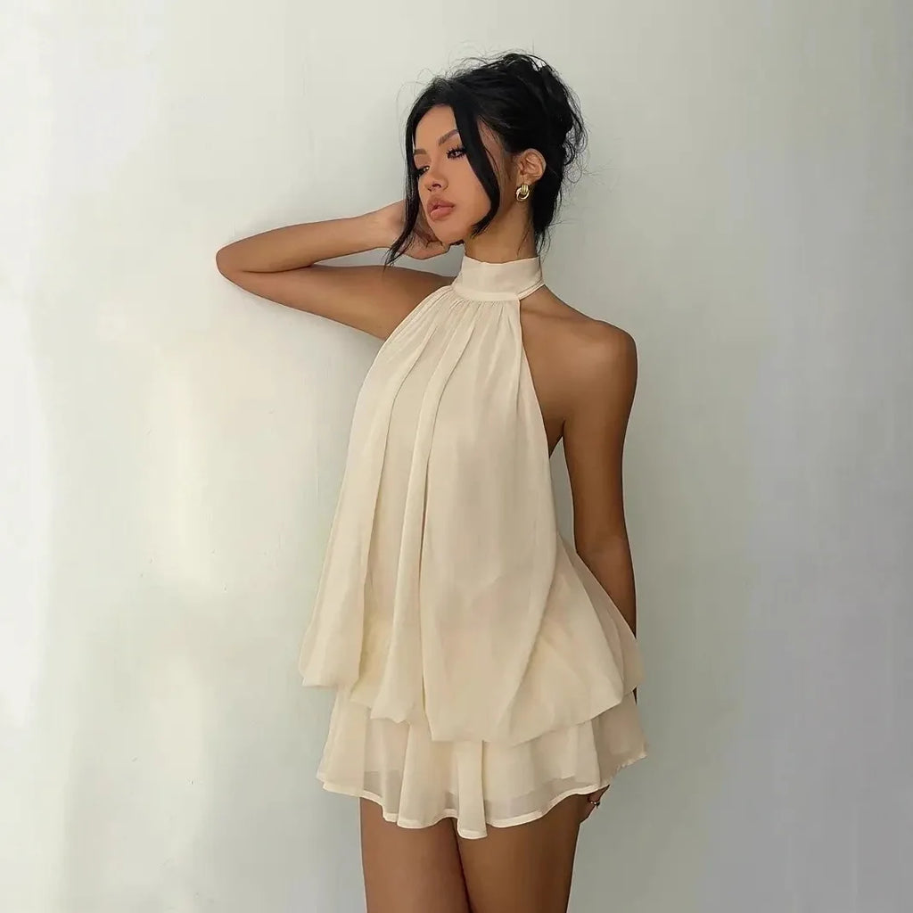 Women Halter Neck Backless Tie Mini Dress Summer Sleeveless Chiffon Ruffle Short Dresses Sexy Club Party Beach Vacation Outfit