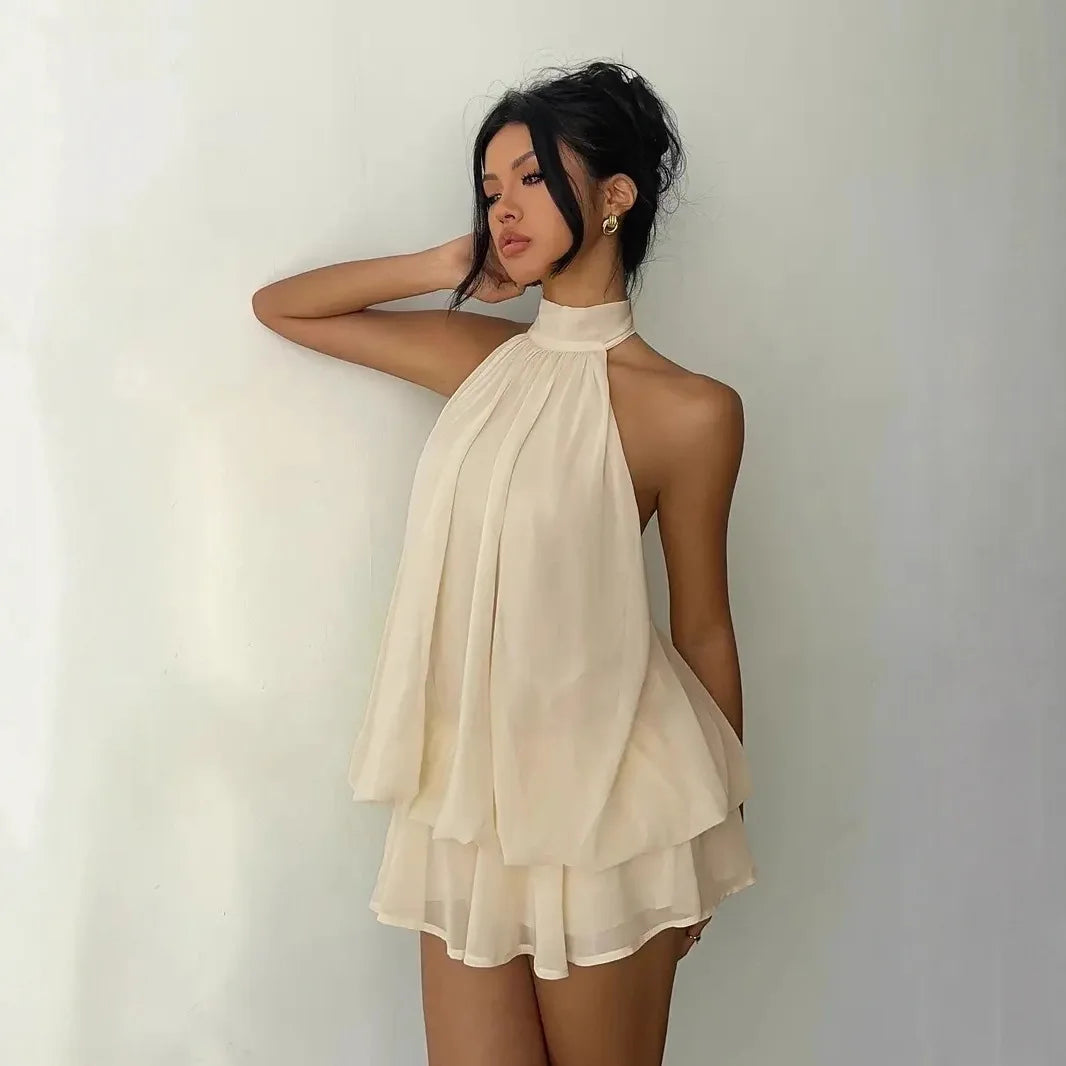 Women Halter Neck Backless Tie Mini Dress Summer Sleeveless Chiffon Ruffle Short Dresses Sexy Club Party Beach Vacation Outfit