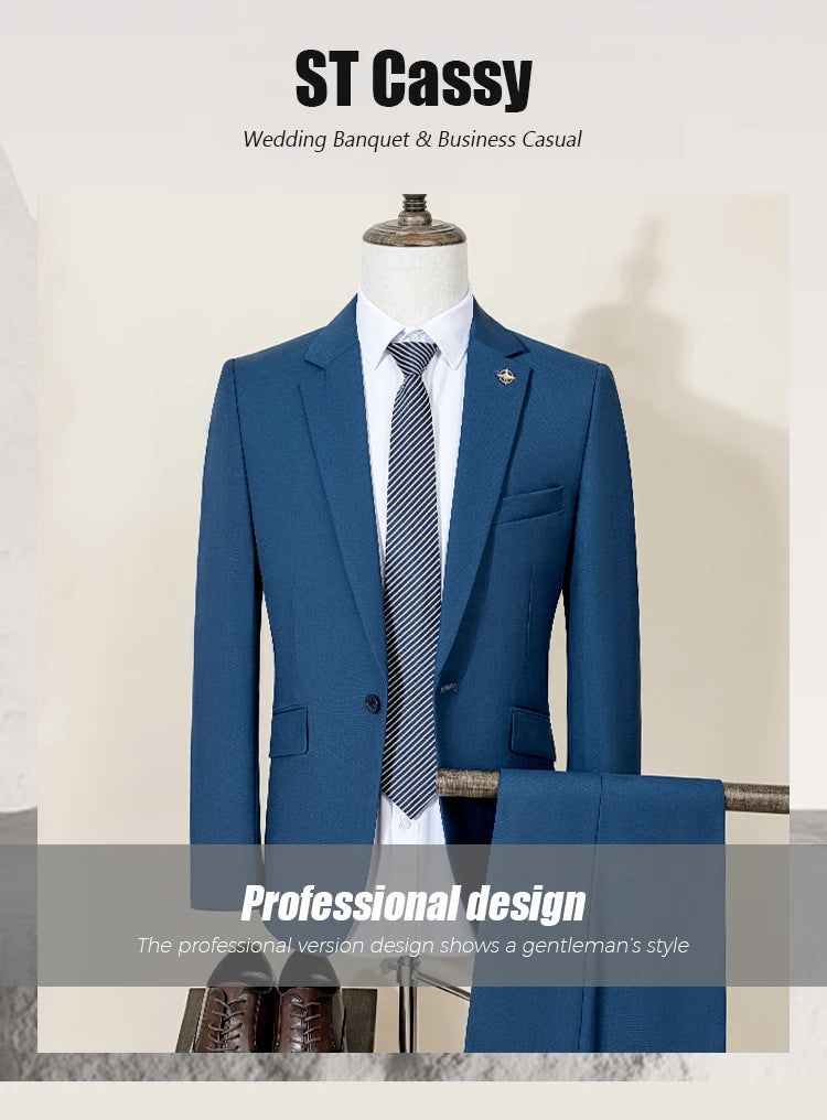 ST Cassy Dark Blue Men's Suit Slim Fit Solid Color Suit Formal Business Office Single Breasted Coat Pants 2 Pieces Set