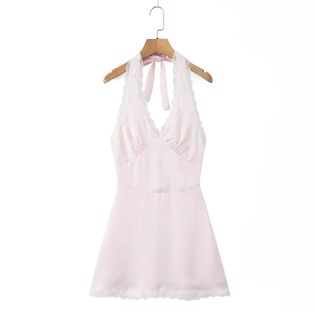 YENKYE Lace Spliced Polka Dot Halter Dress Women Elegant A-line Mini Sexy Backless Dresses Summer Robe 2025