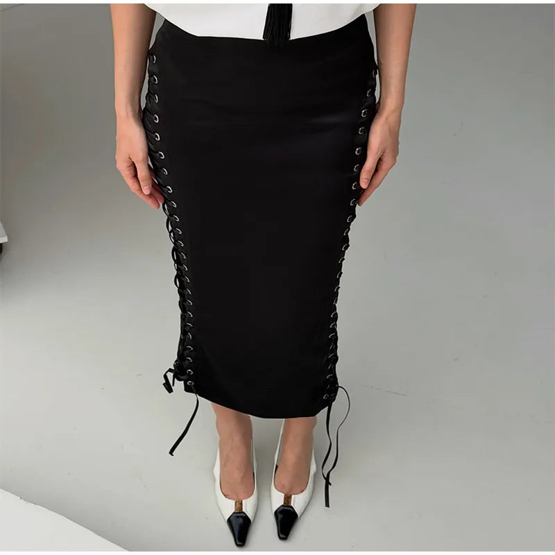 Women's Midi Skirt High Waist Side Lace‑Up Midi Skirt Bodycon Tie Adjust Hip Fitted Skirt City Date Going Out 2026 New For Women