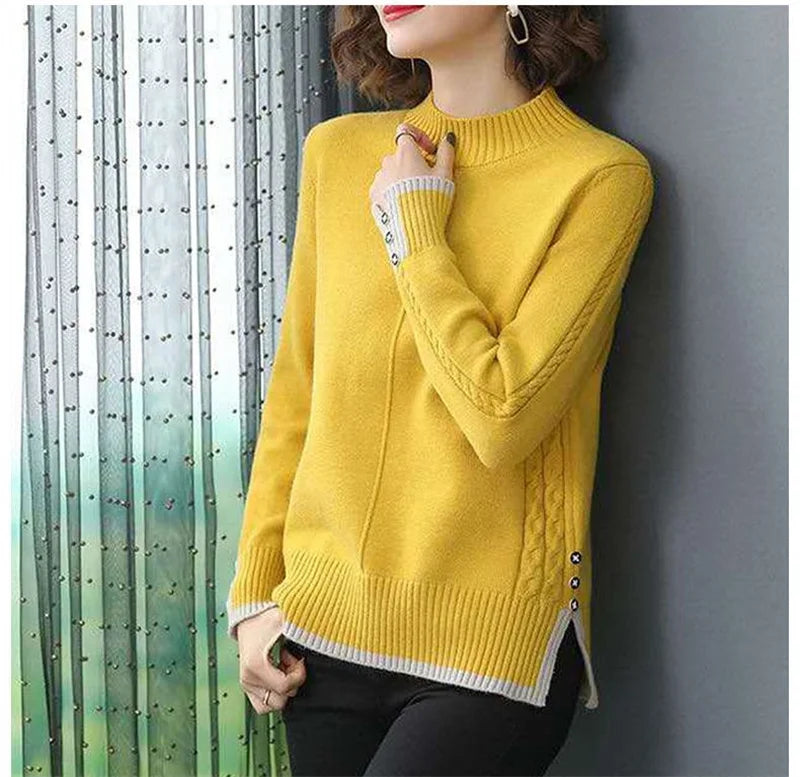 Spring Autumn Women Pullovers Korean Loose Solid Half Turtleneck Sweater Ladies Long Sleeve Jumper Tops Female Knitted Sweater