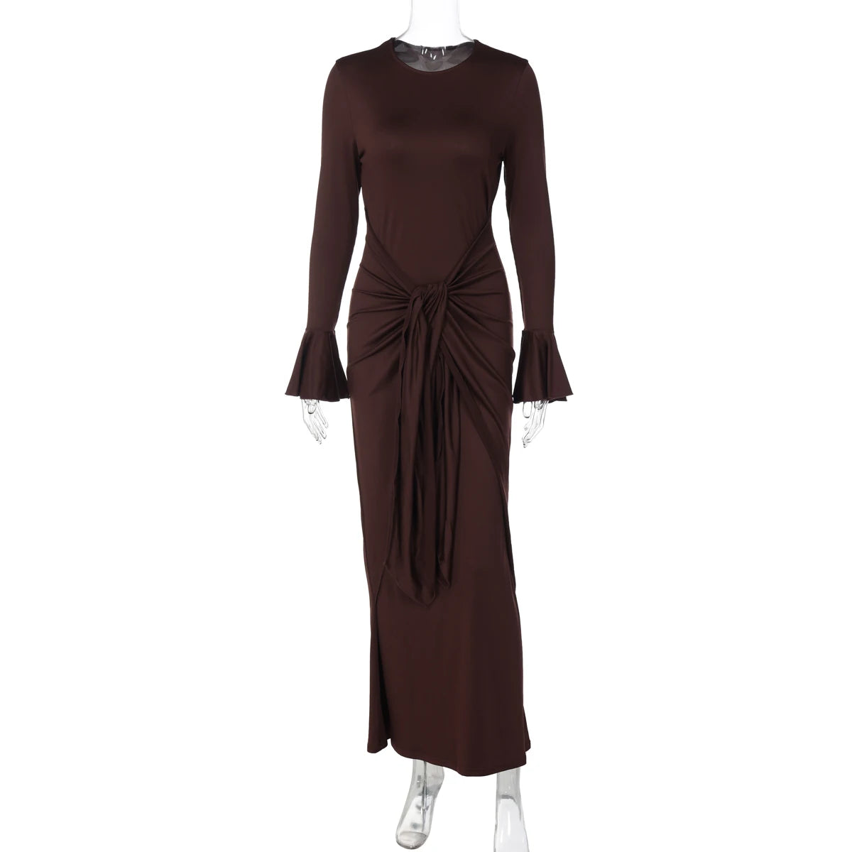 Dulzura O-Neck Long Flare Sleeve Ruched Lace Up Slim Long Dress Women'S Fashion Elegant Clothes Party Club Street Autumn Outfit