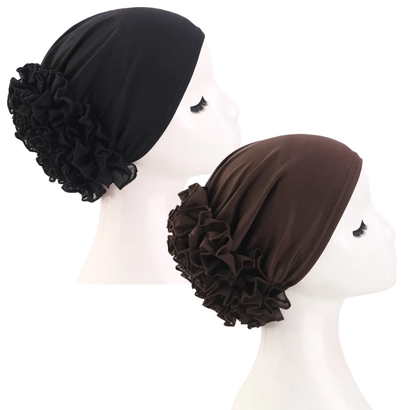 New breathable chiffon hat with large flowers Solid color thin bottom cap Islamic Head Wrap Women's elastic anti hair loss hat