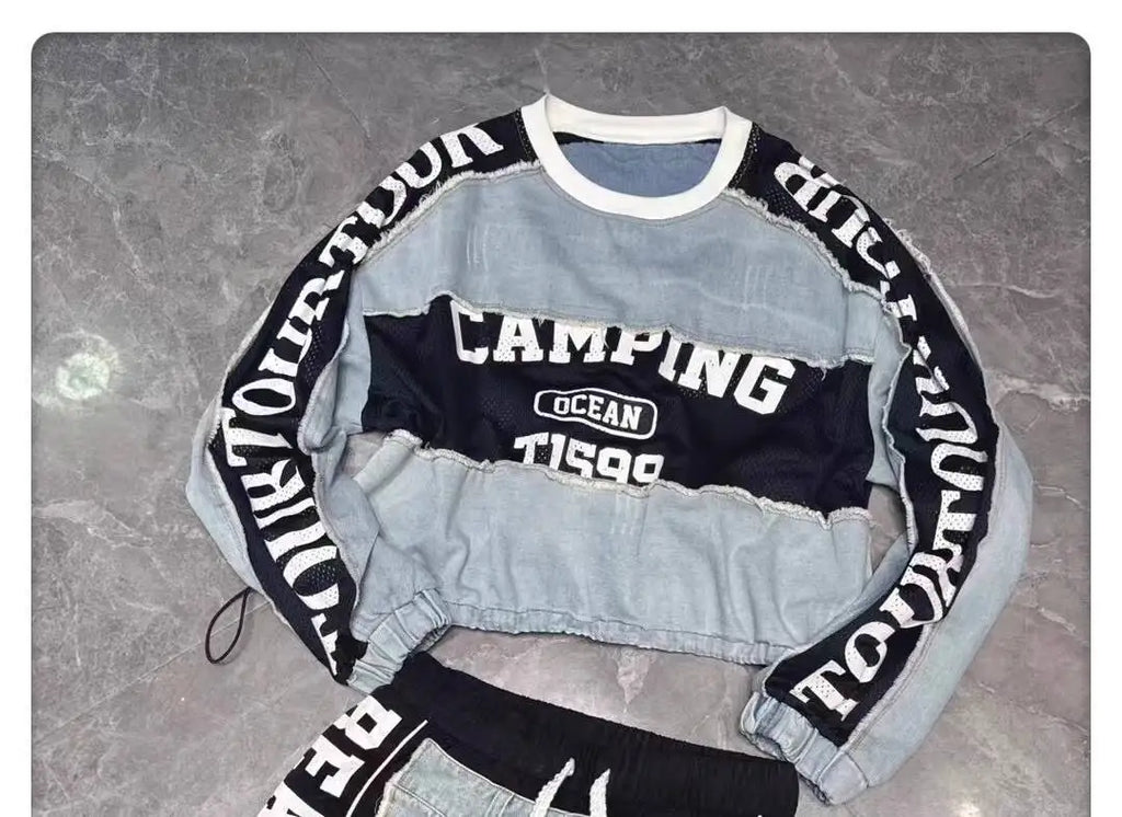 ANJY Autumn Women European Trendy Street Denim T-Shirt Personalized Letter Print Drawstring O-Neck Long Sleeve Sweatshirt A10809
