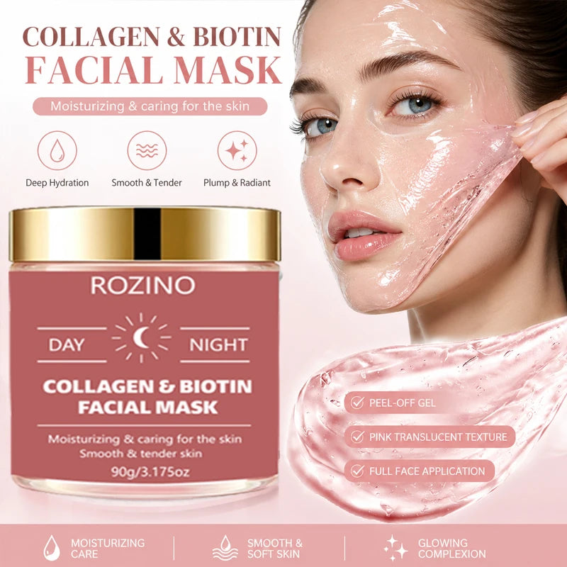 90g Large-Capacity Biotin Collagen Day and Night Mask, Peel-Off Mask, Deeply Hydrating, Keeps Skin Moisturized and Plump, Tightens Skin, Brightens Skin Tone, and Gives Skin a Youthful Glow Suitable for Daily Use and as a Holi