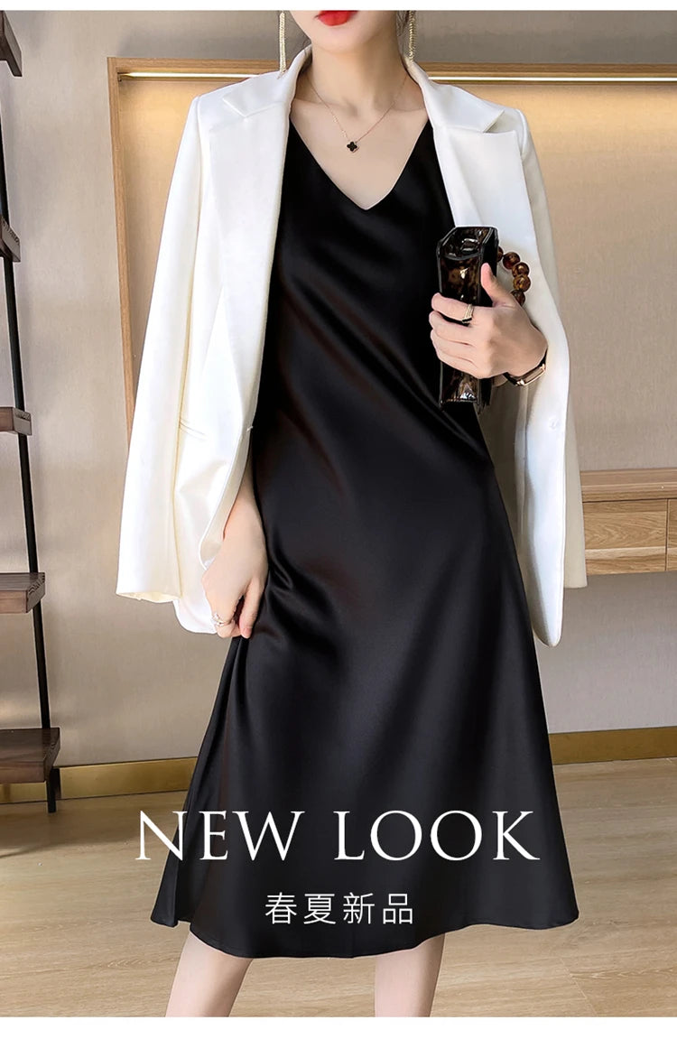LHZSYY Silk Satin Front/Back V-neck Sling Dress Women's Sleeveless Waistcoat Top Spring Summer New Mulberry Silk Hip Long Skirts
