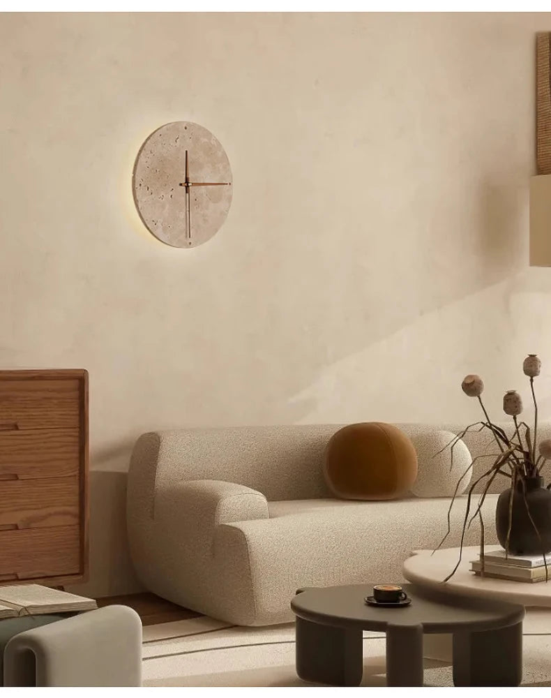 Modern Creative Clock Living Room Wabi Sabi Wall Lamp Nordic Simple Yellow Travertine Restaurant Corridor Circular Sconce Light