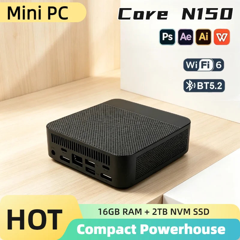 Mini PC Intel N150 16GB DDR4 512GB M.2 NVMe SSD Triple 4K Output WiFi6 Silent Cooling Office Home Desktop Pro Ultra Fast Max