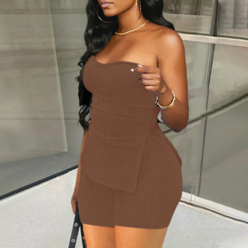 Sexy Solid Slim Suit For Women Fashion Strapless Side Split Top Elastic Waist Package Hip Shorts Two Piece Set 2026 Summer New