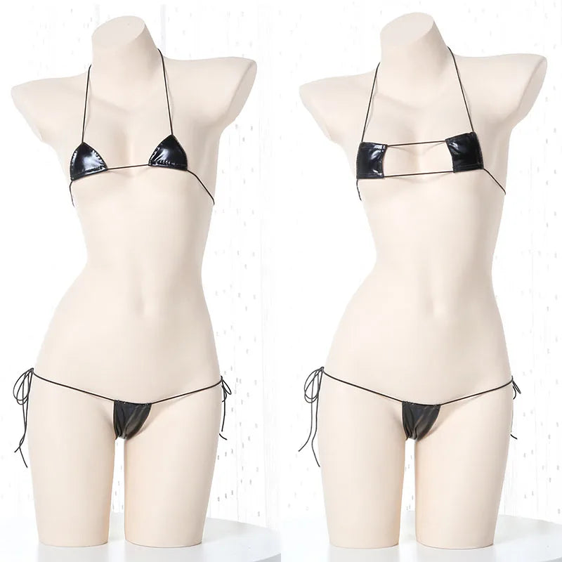 Summer Beach Womens Micro Mini Bikini Set Women Sexy Underwear Temptation Leather Lace-Up Bra Outfit Costumes Cosplay Swimsuit