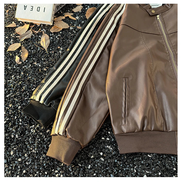Men's Brown Leather Jacket American Retro Patchwork Striped Outerwear Youthful Style Summer Biker Coat Long Sleeve Zipper Clo...