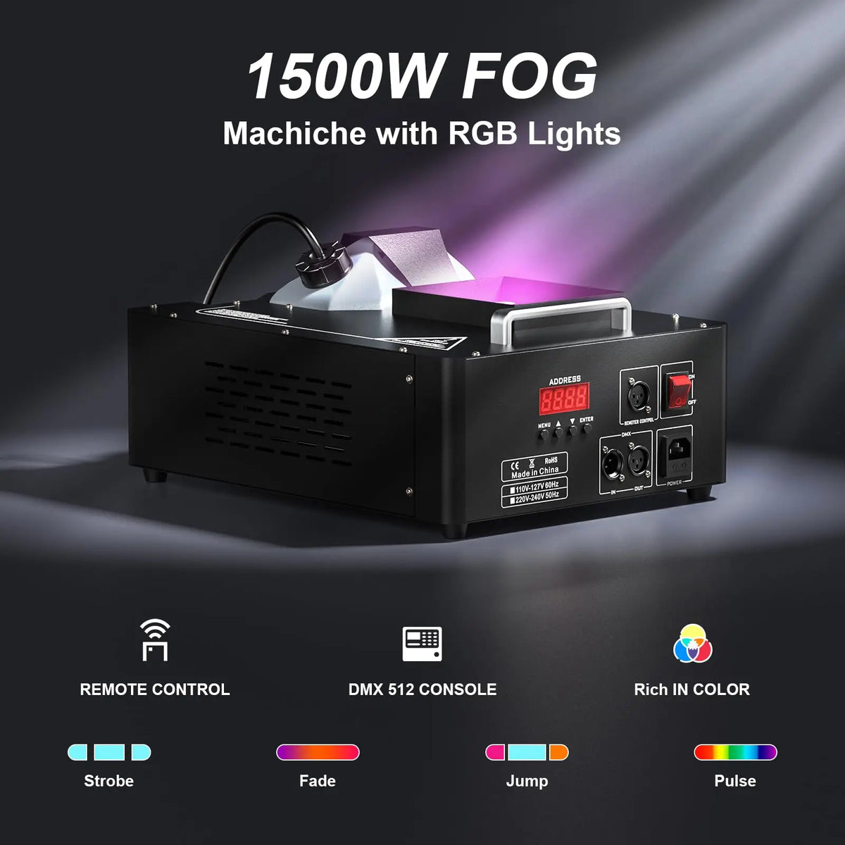 1500W LED Fog Machine 24LED Remote Control Vertical Smoke Machine with RGB Disco Dj Stage Light for Wedding Night Club Party
