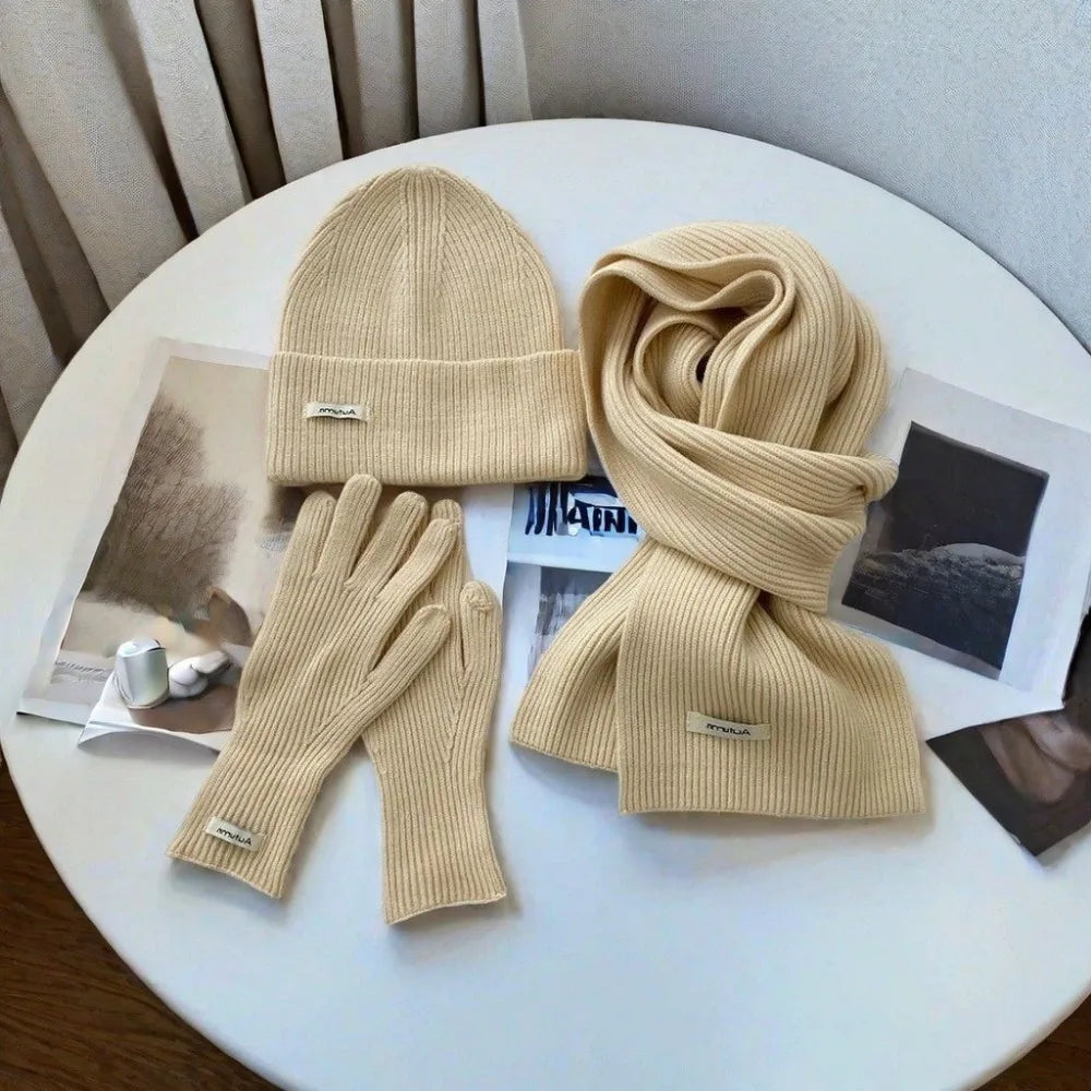 Knitted Winter Scarf Woman Solid Color Hat Scarf Gloves Women's Windproof Adult Three-piece Set Fashion Women's Scarf Hat Set