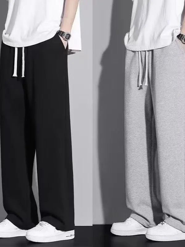 Men's Casual Straight Leg Drawstring Sweatpants Versatile Leisure Long Trousers Student Sports Pants Polyester Fiber Elastic