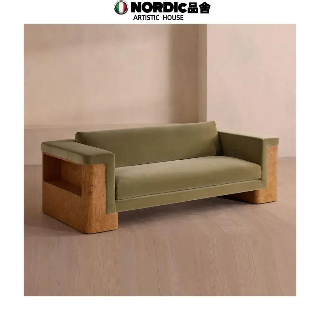 05 Medieval Style Designer Solid Wood Tree Rut Straight Row Sofa Wabi Sandy Wind Fabric Sofa American Country