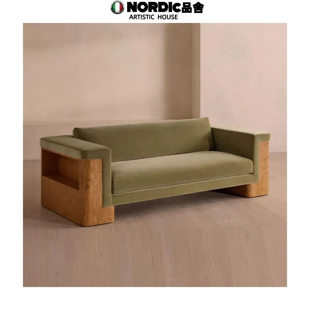 05 Medieval Style Designer Solid Wood Tree Rut Straight Row Sofa Wabi Sandy Wind Fabric Sofa American Country