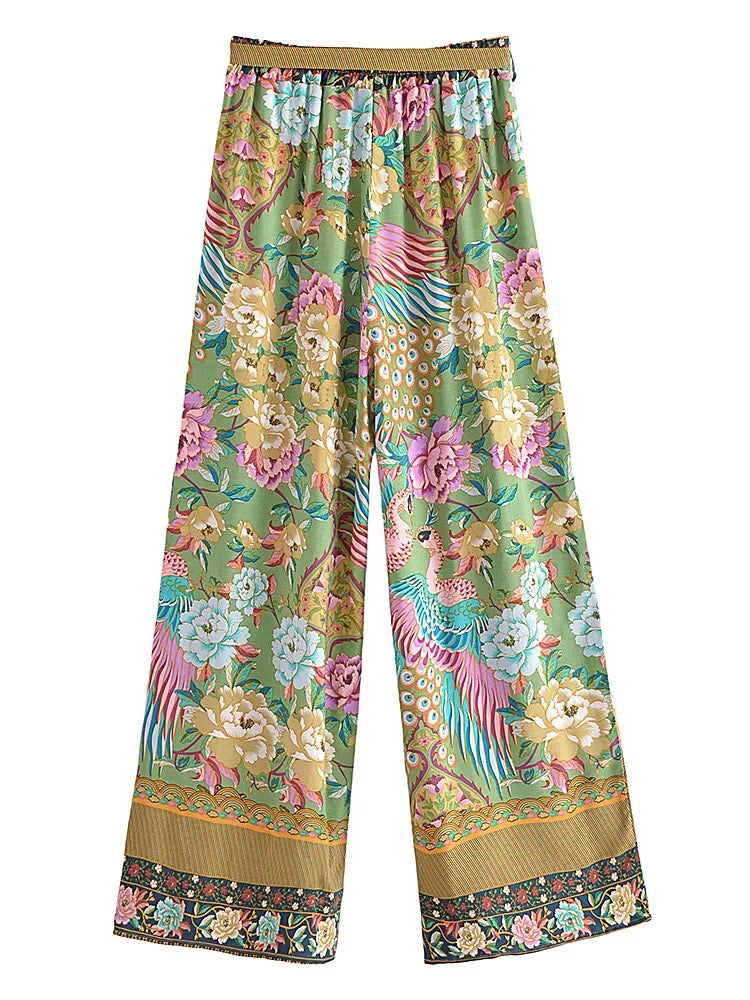 Boho Queens Women Peacock Floral Print Bohemian Wide Leg Pants Lady Elastic Waist Loose Rayon Boho Long Pant  Oversize Trousers