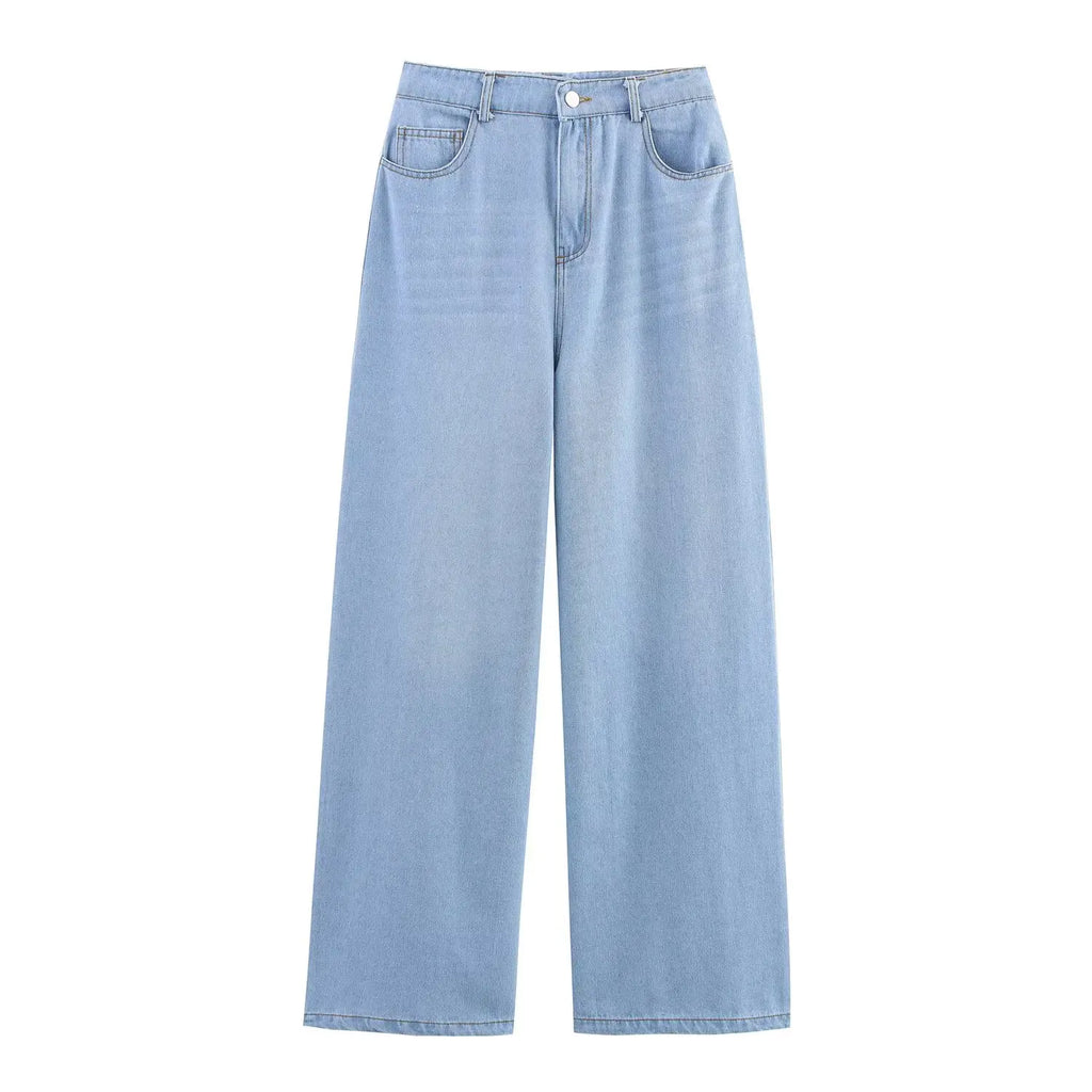 HH Women Summer New Fashion Thin Single-breasted Loose Folds Denim Shirt+High Waist Zipper Pocket Wide-leg Casual Pants Suit