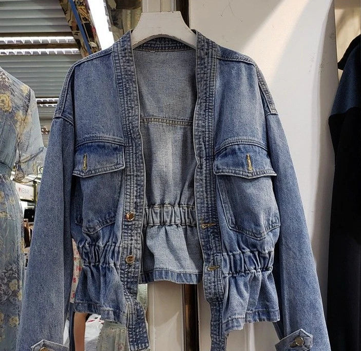 Denim Jacket for Women Plain Cinched Waist Slim Woman Jean Coat Blue Outerwear Spring Autumn 2025 Fashion Low Price Y2k Clothes