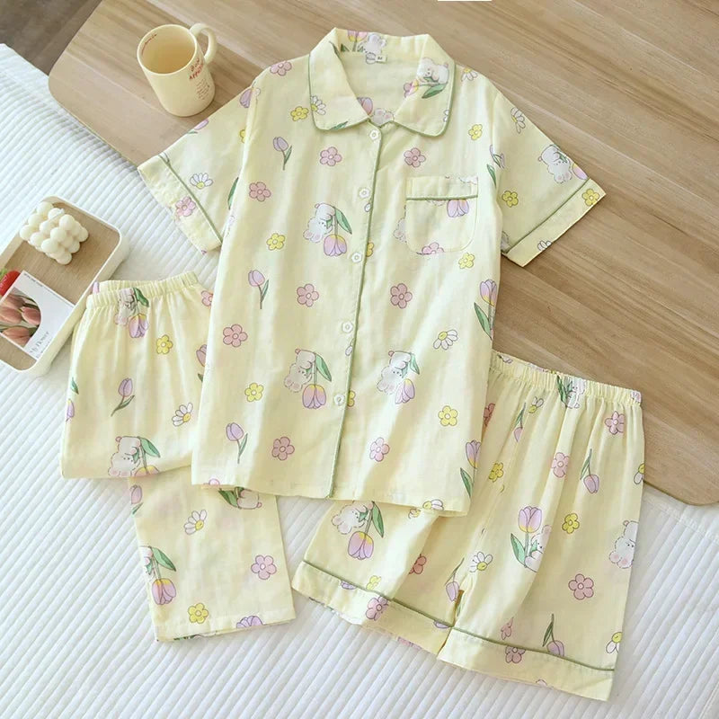 Three-piece Japanese-style pajamas women spring and summer autumn 100% cotton gauze short-sleeved shorts trousers summer suit ho