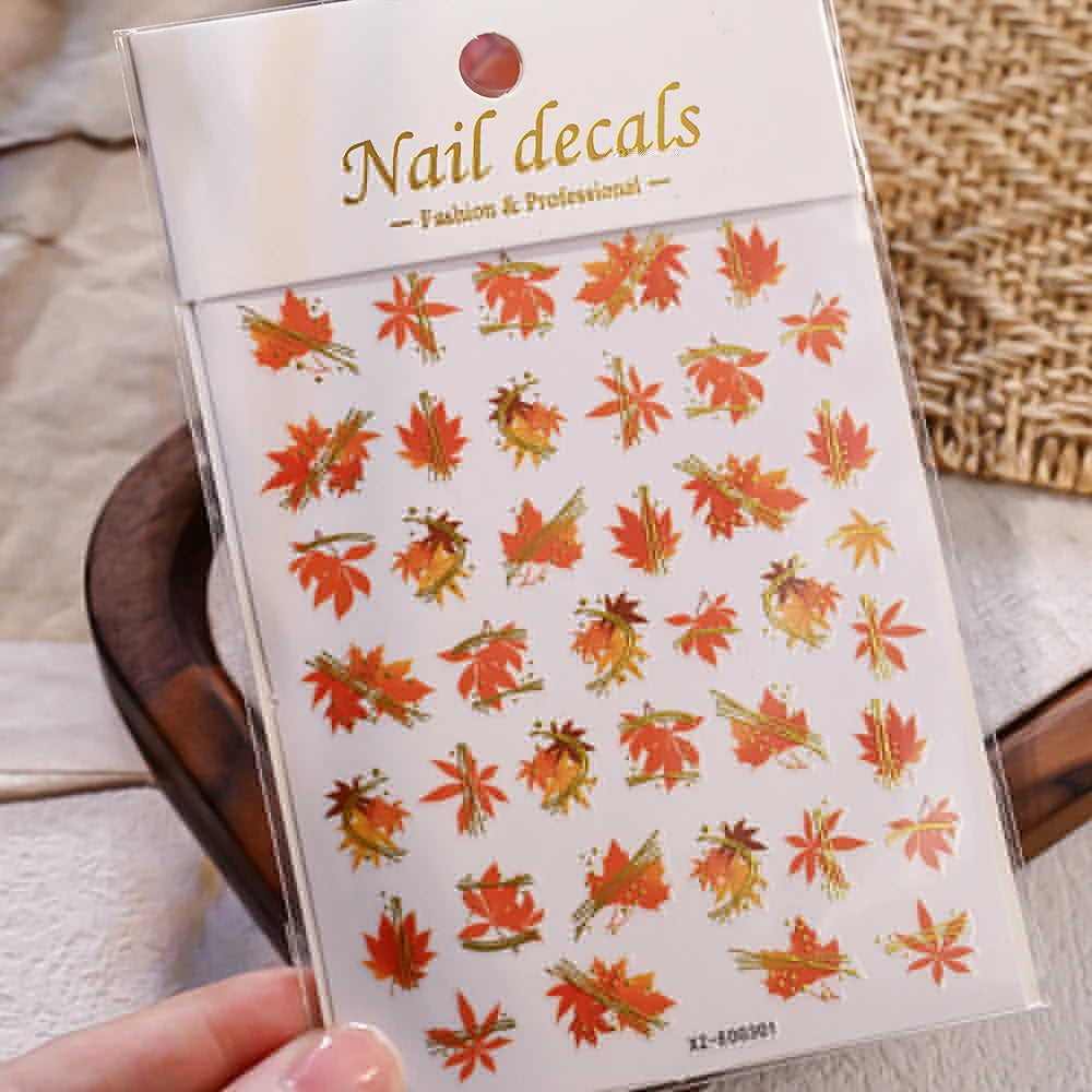 1pcs Autumn Gold Red Maple Leaf Nail Sticker 5D Embossed Jelly Maple Leaves Nail Decals Self-Adhesive Fall Leaf Nail Supplies ^5