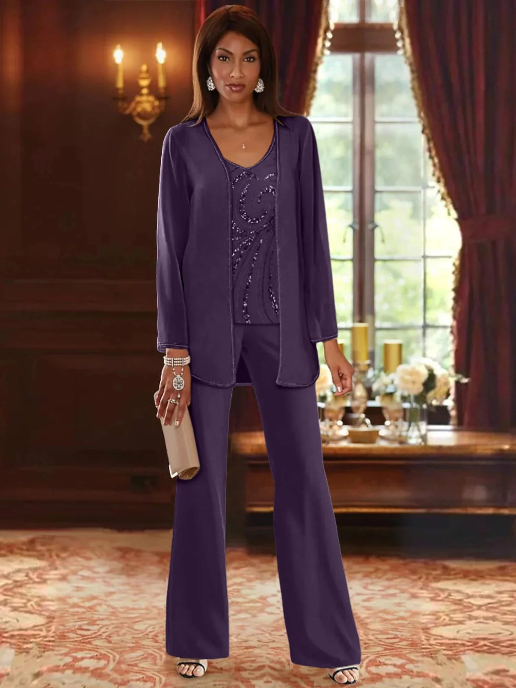 Pantsuit 3 Piece Mother of the Bride Dress Formal Wedding Guest V Neck Chiffon Lace Sleeveless with Beading Sequin 2024