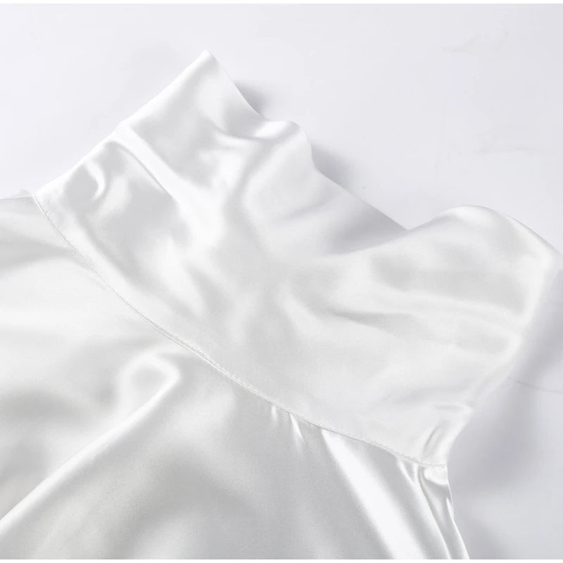 Elegant Satin Mini Dress For Women Fashion Scarf Collar Batwing Sleeve Waist Dress Lady 2025 Autumn Chic Party Evening Vestidos