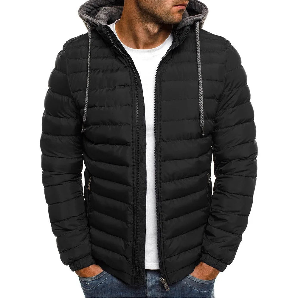 New men's cotton padded parka coat for autumn and winter men's solid color warm hooded zipper hooded coat