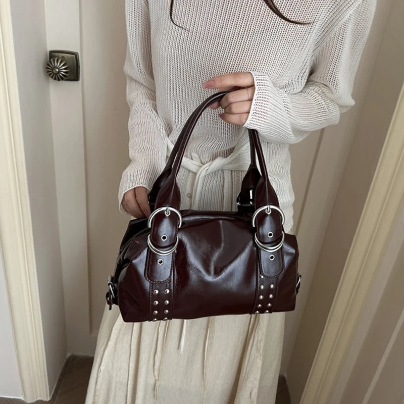 Vintage Style PU Leather Women Shoulder Bag Large Capacity High Quality Fashion Rivet Handbag Daily Use Y2K Motorcycle Bag