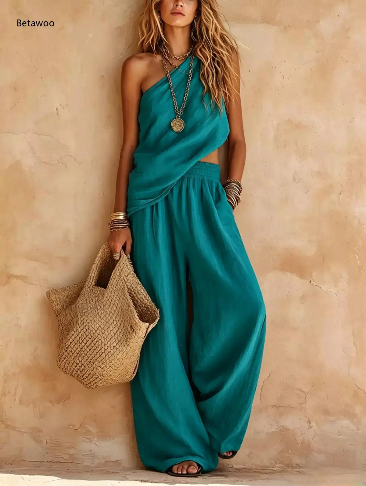 Women One Shoulder Sleeveless Top and Elastic Waist Wide Leg Pants Set Loose Casual Ladies Two Piece Outfit