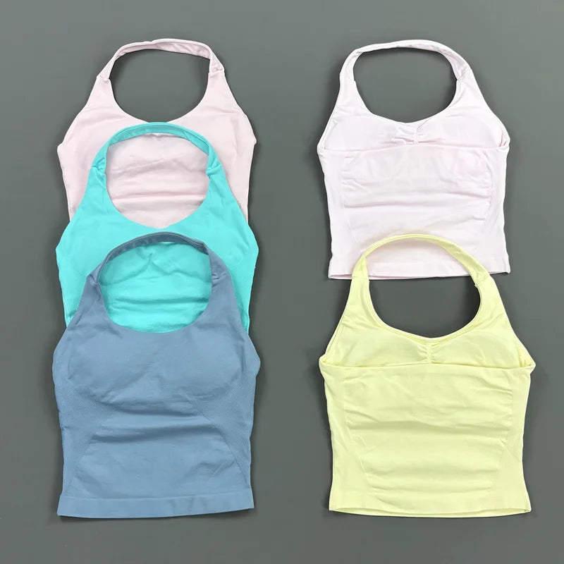 HISTELLO Impact Halter Top Women Gym Clothing Backless Seamless Sports Yoga Vest Running Fitness Workout Sleeveless Tank Top