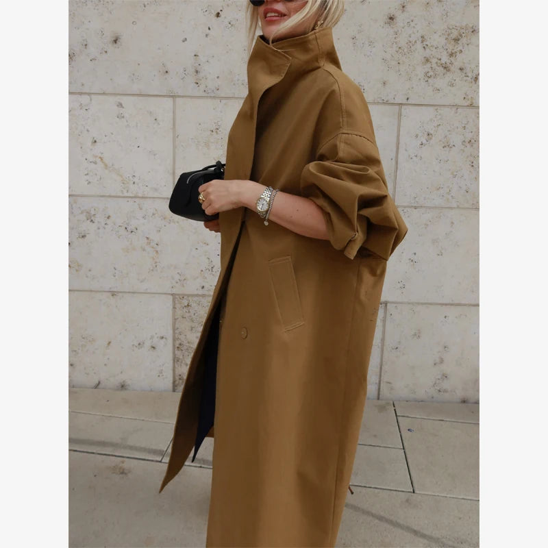 Women Green Oversized Belt Overcoat Elegant Long Sleeve Pleated Lapel Lace Up Windbreaker Autumn Lady Daily Street Outerwears