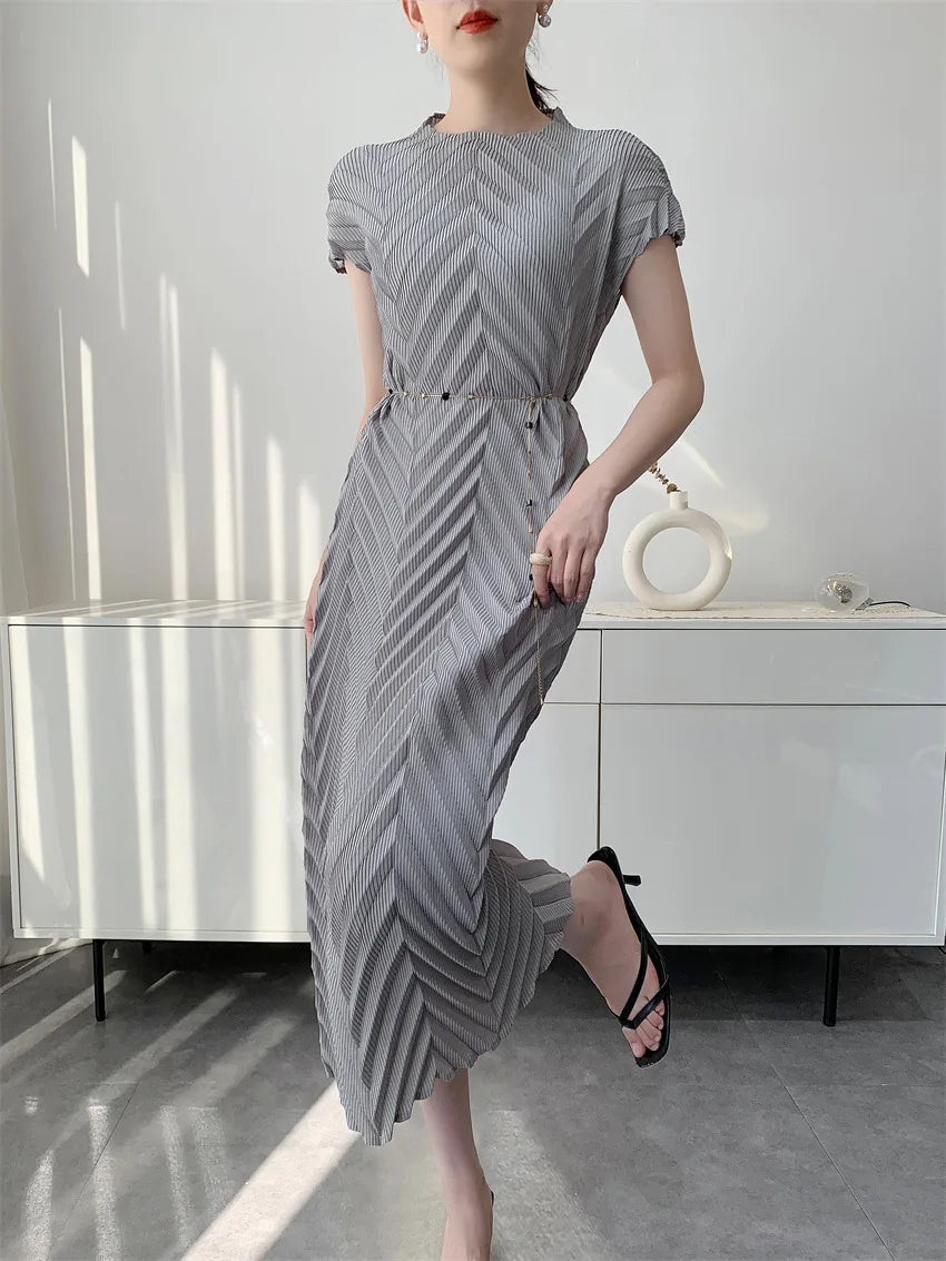 Miyake Handmade Pleated Dress Women's 2026 Spring New Solid Color Half-high Collar Sleeves Pullover Elegant Pleated Skirt