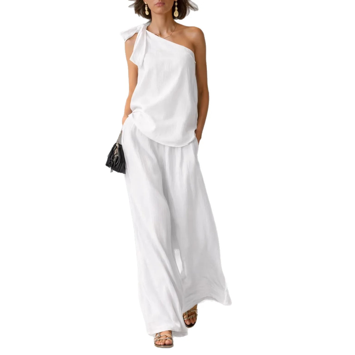 Shoulder Bared Sleeveless Top with Tie Detail And Wide Leg Pants Spring Summer New Style Comfortable Casual Business Commuting