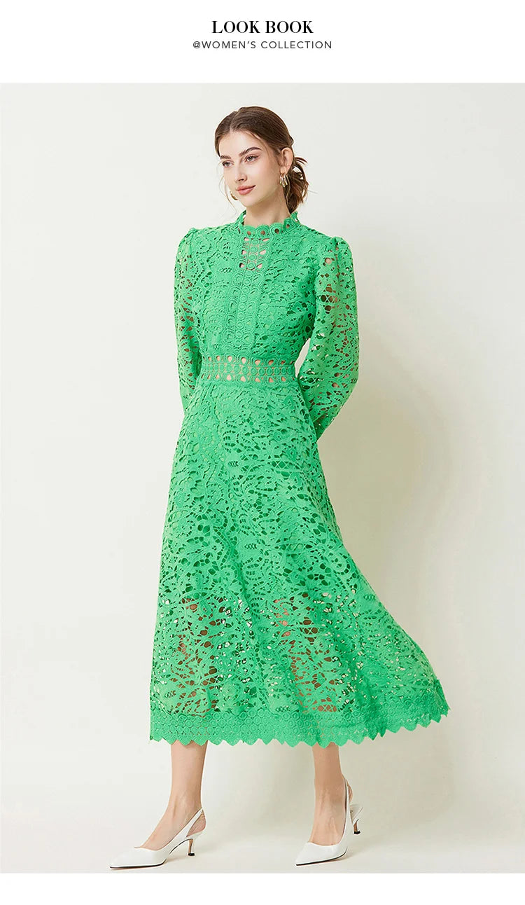 Solid Lace Holloe Out Slimming Elegant Dresses For Women Stand Collar Long Sleeve High Waist Minimalist Dress Female Fashion
