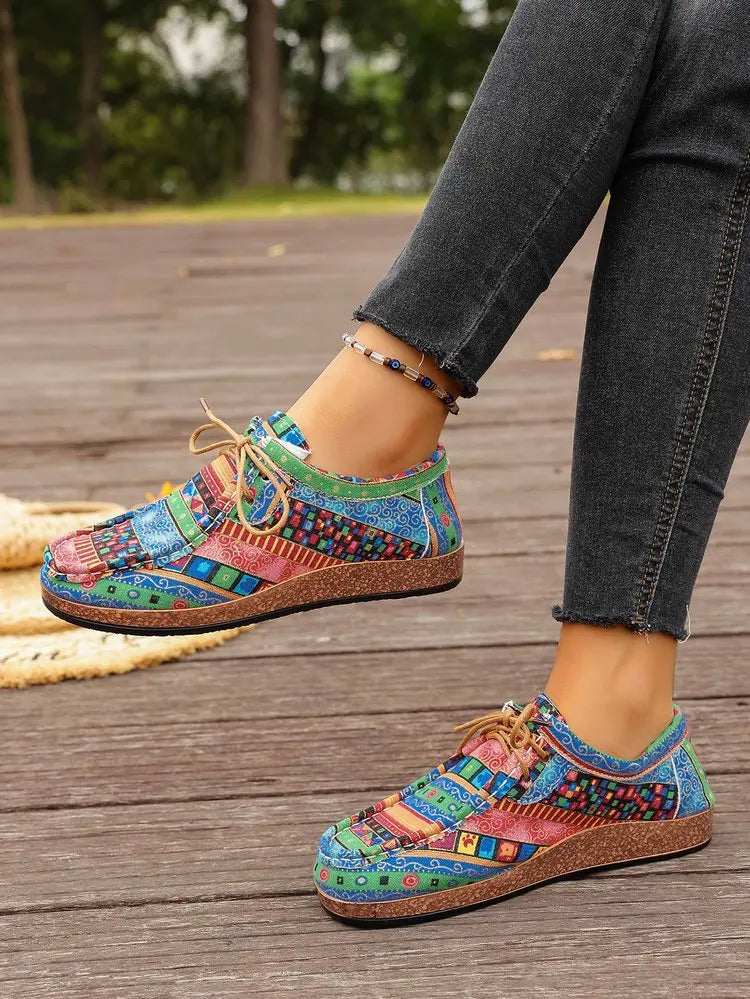 Spring 2025 Women's Printed Canvas Shoes Flat Platform Casual Toe Loafers Breathable Autumn Fashion Sneakers