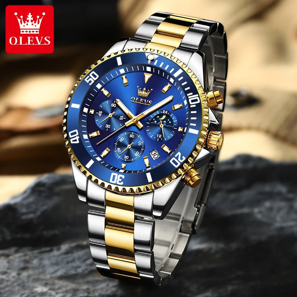OLEVS 2870 Gold Men Watch Luxury Original Diving Series Men Watch Calendar Moon Phase Chronograph Sport Men Quartz Watch Gift